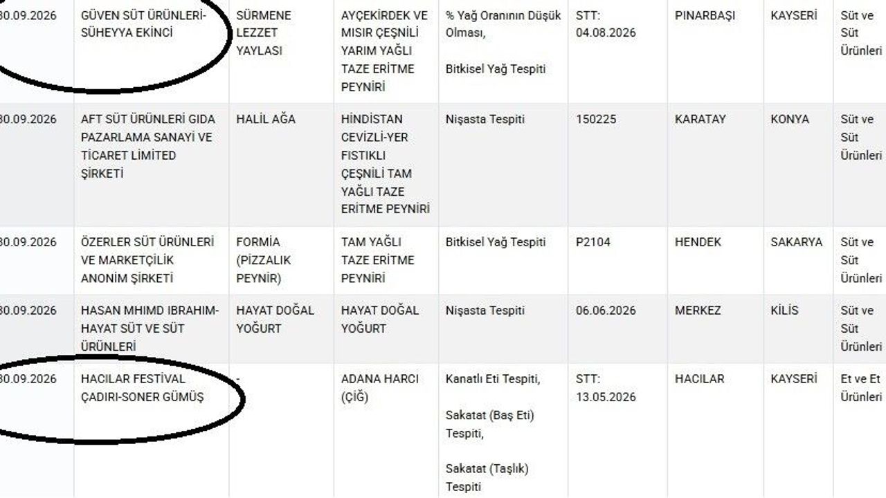 Kayseri'den İki Firma, Tarım Bakanlığı'nın Taklit Gıda Listesinde