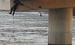 Köprü altında asılı güvercini itfaiye ekipleri halatla kurtardı