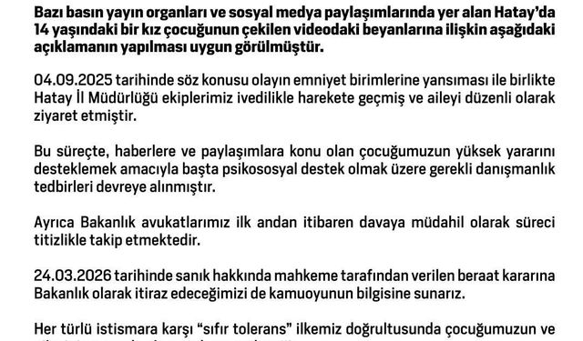 Bakanlık, 14 yaşındaki kız çocuğunun taciz davasındaki beraat kararına karşı çıkacak