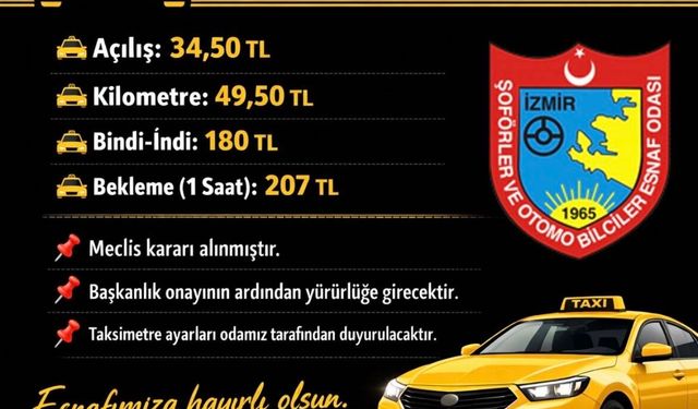 İzmir'de taksi iniş biniş ücreti 180 lira olarak belirlendi