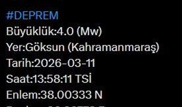 Kahramanmaraş'ta 4.0 Şiddetinde Deprem Gerçekleşti