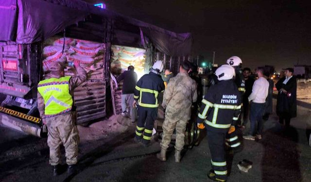 Mardin'de hayvan yemi taşıyan tırın dorsesinde yangın meydana geldi
