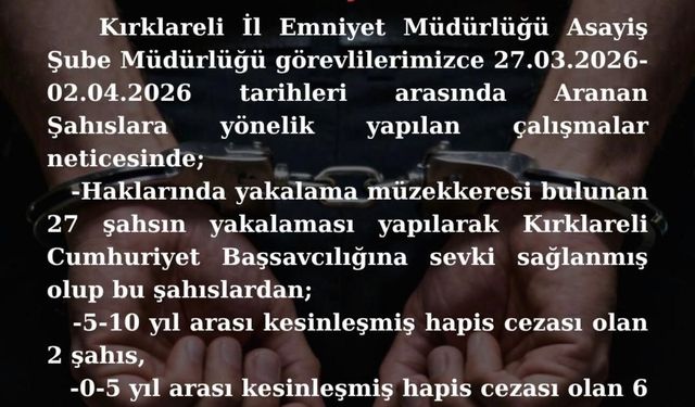 Kırklareli'de Aranan 8 Şahıs Tutuklandı