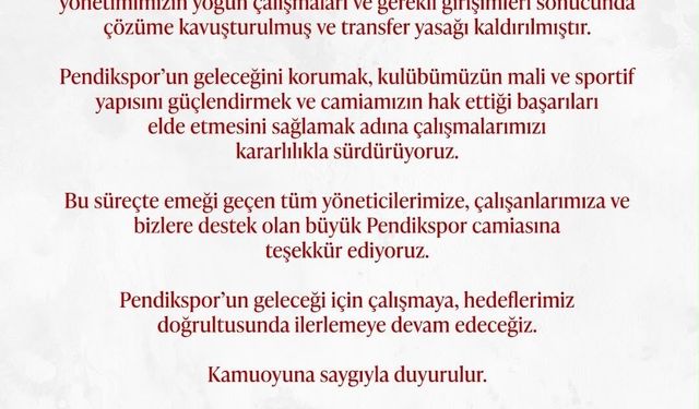 Pendikspor transfer yasağını başarıyla kaldırdı