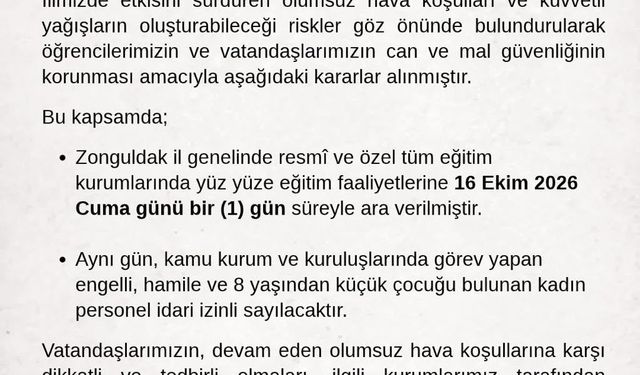 Zonguldak Valiliği, yağış nedeniyle okullara bir gün ara verdi