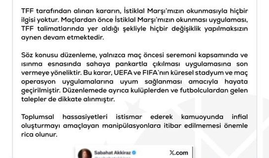 DMM, TFF'nin İstiklal Marşı uygulamasını kaldırdığı iddialarını yalanladı